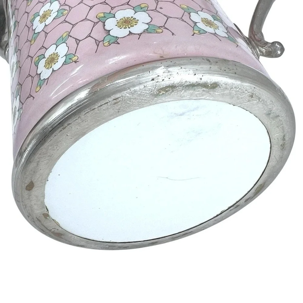 Antique Vintage Graniteware Enamel & Pewter Coffee Pot Pink Chicken Wire Dogwood